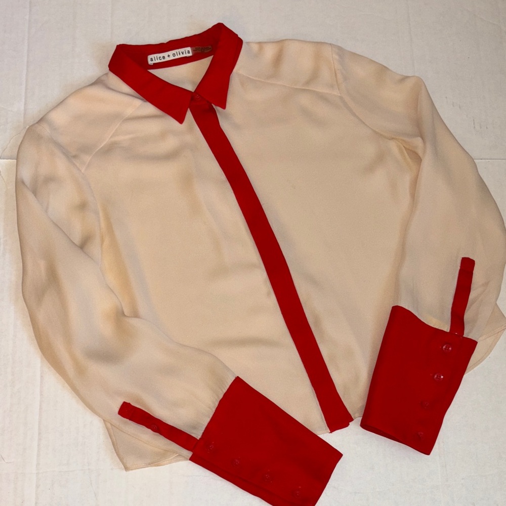 Alice + Olivia Beige and Red Button-Up Blouse